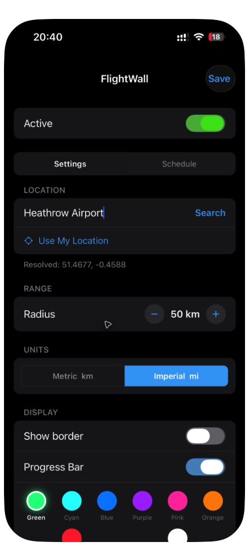 Pixlumo app controls for a live display