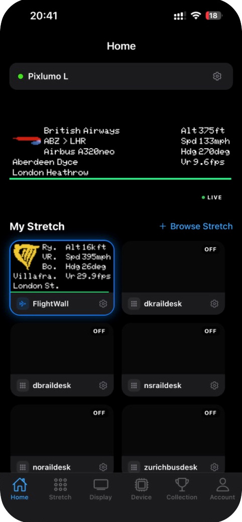 Pixlumo app showing the same live FlightWall preview